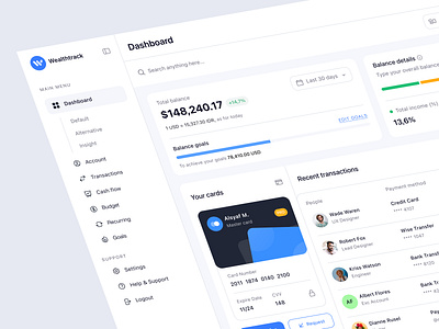 Wealthtrack - Finance Management Dashboard Design banking blue card clean dashboard dashboard design design dribbble finance financial management money ui ui design uiux user experience user interface ux ux design