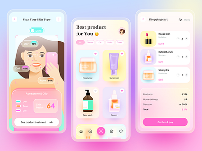 Beauty Product Shopping App 💄 beauty branding care character checkout design e commerce girl gradient illustration make up moisturizer scan face serum skin skin care skincare ui
